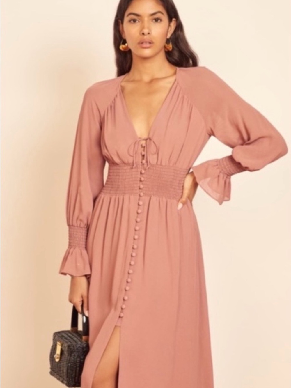 Reformation fia dress praline blush pink button long sleeve